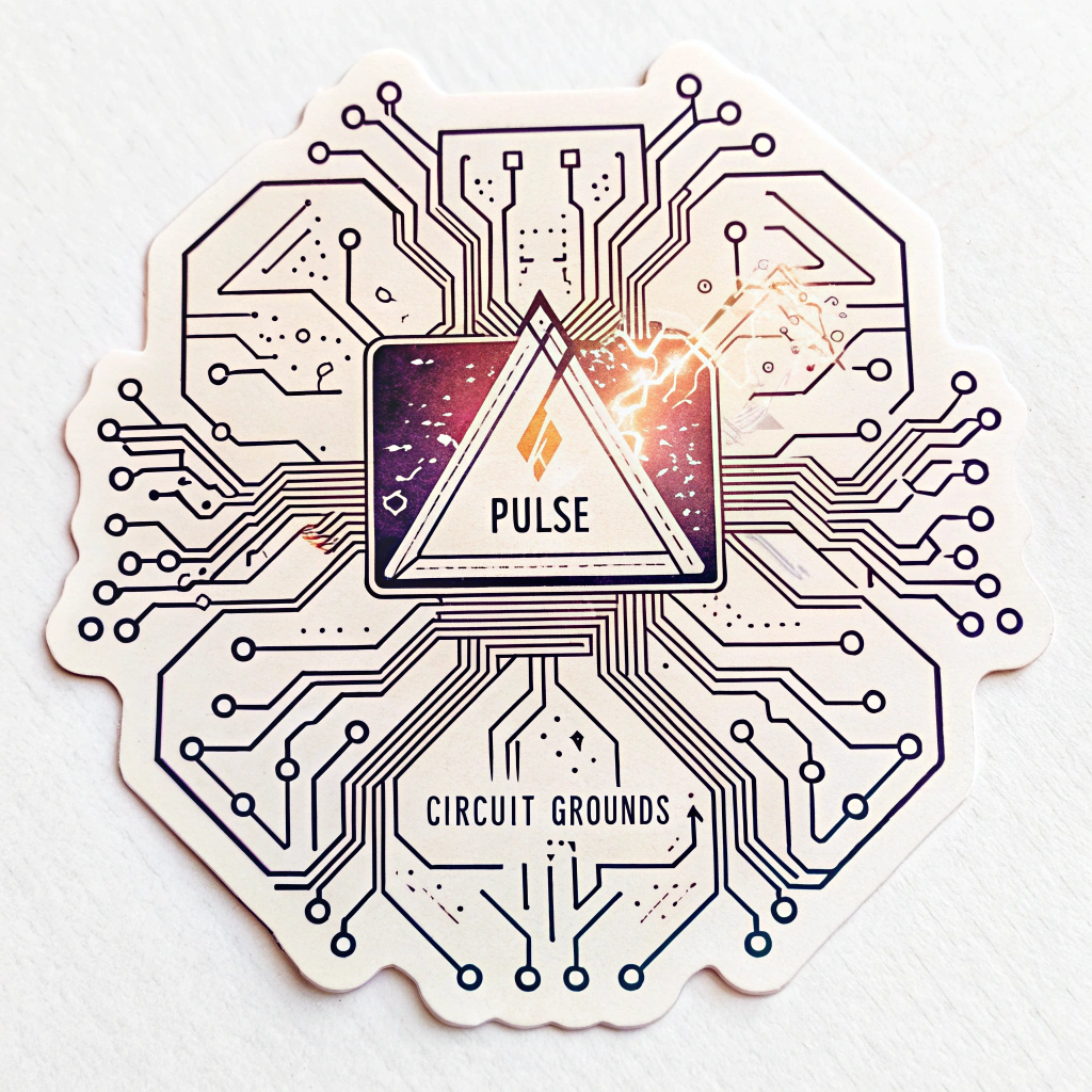 Sub-design 2: A stylized circuit board pattern where the traces form geometric patterns and light trails, featuring a central emanating 'pulse'. 'Circuit Grounds' text could be subtly integrated into the circuit paths.