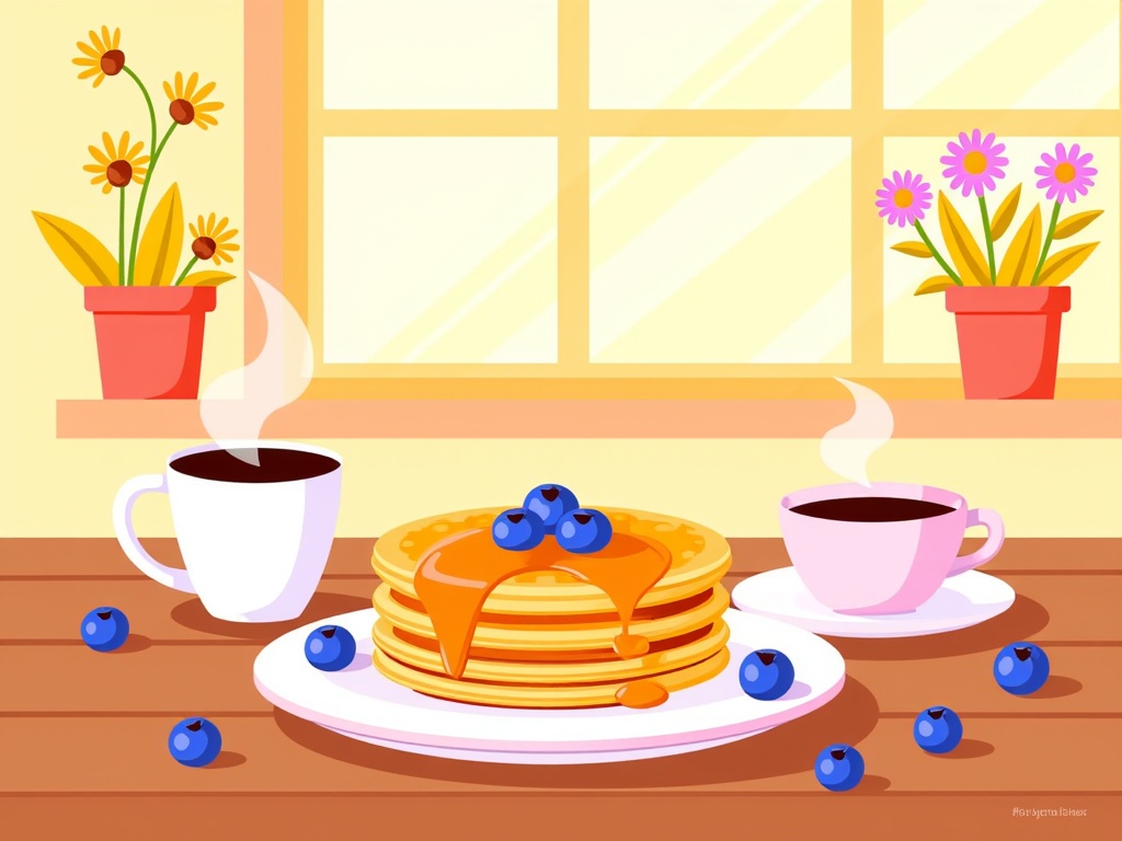  a breakfast scene with a stack of pancakes on a white plate with blueberries on top. The pancakes are golden brown and appear to be freshly made. On either side of the plate, there are two cups of coffee with steam rising from them. The background is a yellow wall with a window and two potted plants with yellow and pink flowers. There are also a few blueberries scattered around the table. The overall color scheme of the image is warm and inviting.