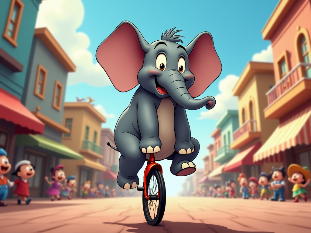 A comical scene of an elephant trying to balance on a small unicycle, with a mix of surprise and determination in its eyes, against a vibrant cityscape.