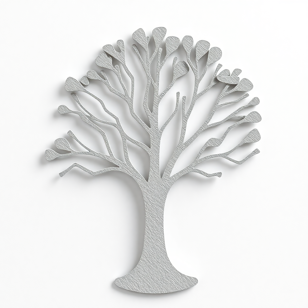 An abstract tree silhouette made from textured paper or fabric, giving it a tactile and three-dimensional quality.